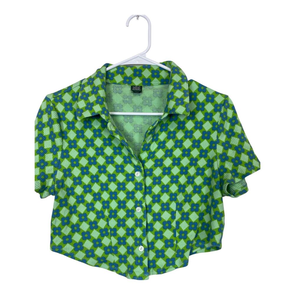 Wild Fable Women Green Diamond Crop Button Up Top Size L